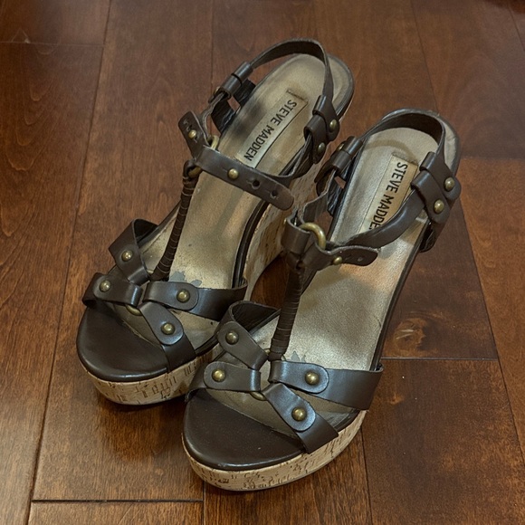 Steve Madden Dark Brown Strappy Wedge Sandals - Picture 2 of 8